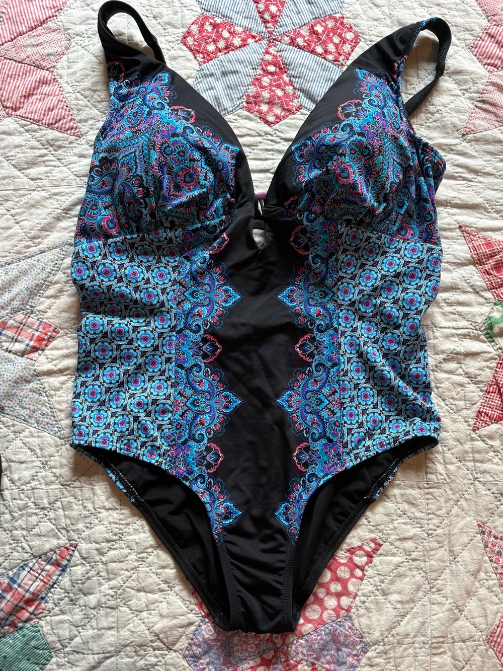 Swimsuits For All Black One-Piece with Blue and Pink Paisley Print